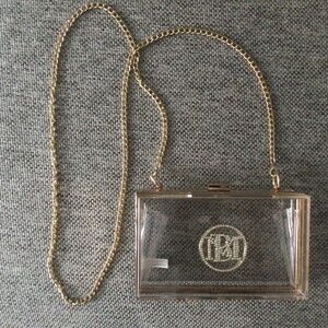 NEW Badgley Mischka Clear Acrylic Gold Bag with Gold Chain & Sparkly MB Logo
